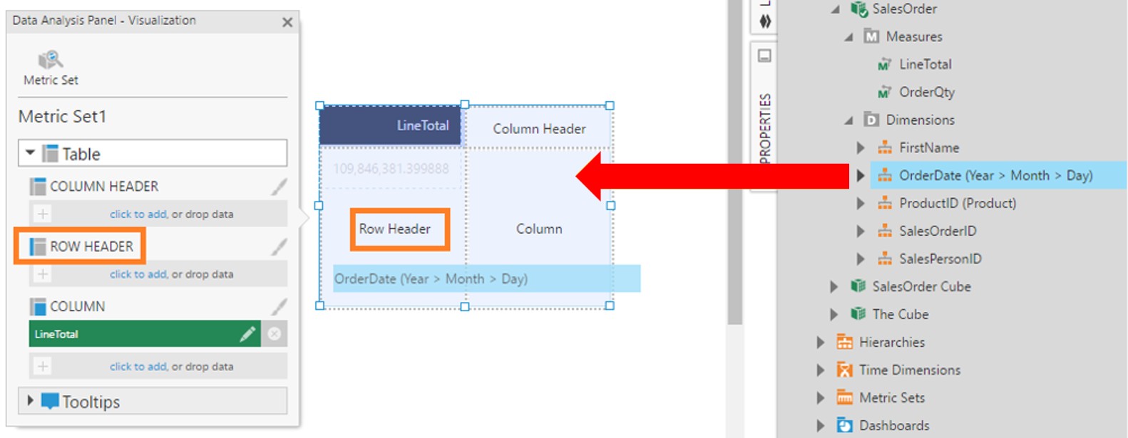 Table visualization drop zones correspond directly to the Visualization settings