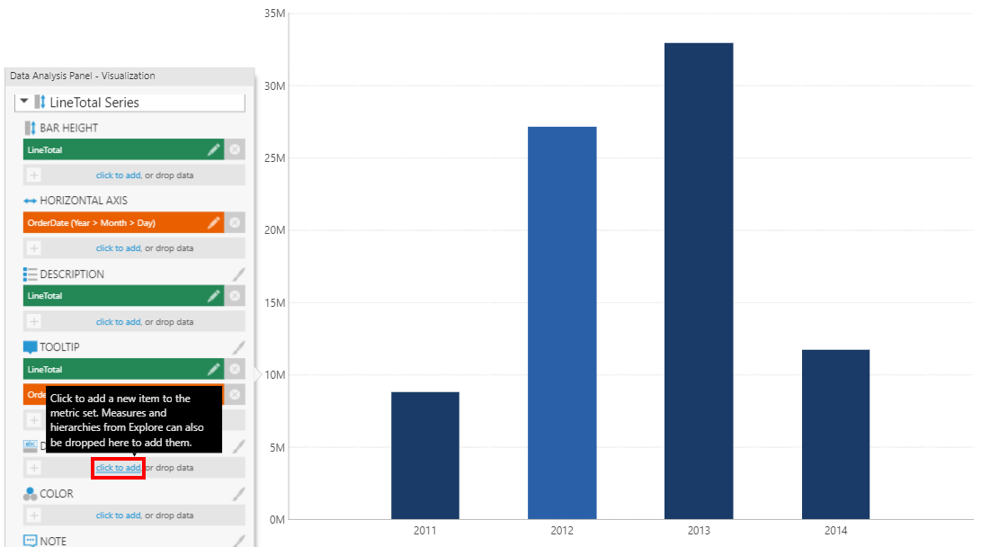 Click to add a measure or hierarchy to Data Point Label for a chart series