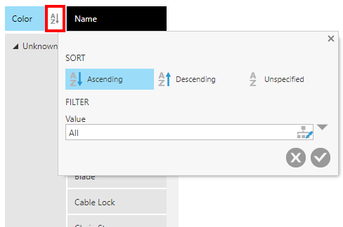 Click the A-Z icon to open the Sort & Filter pop-up