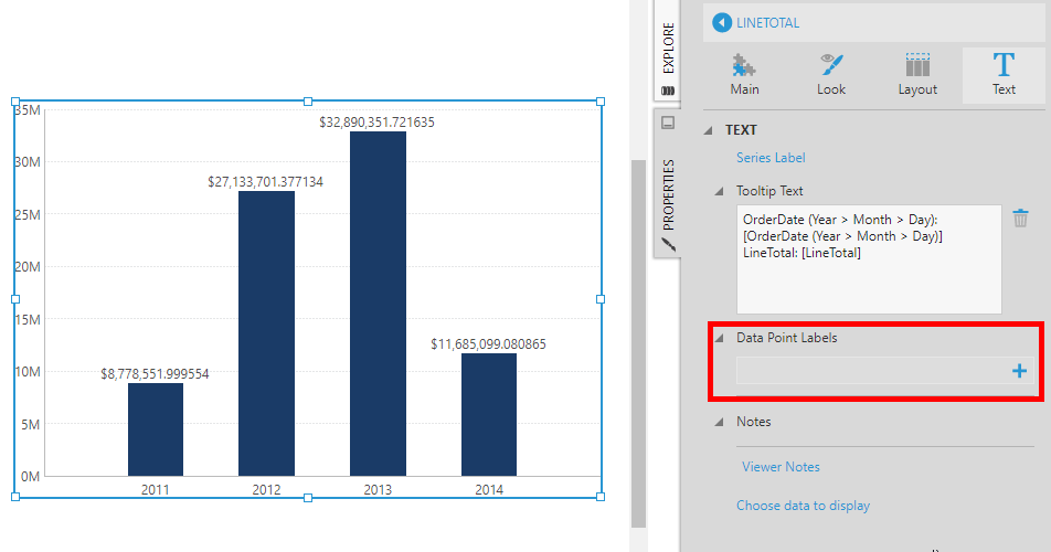 Chart series text proper ties without any data point labels