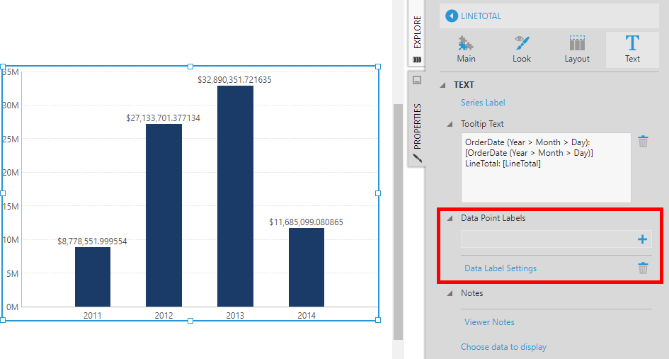 Chart series text proper ties with data point label settings added