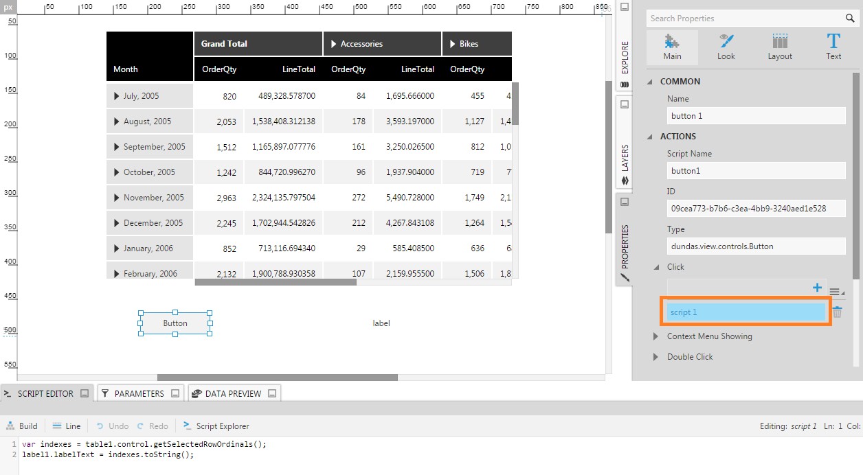 Add a button click script to get the selected row indexes
