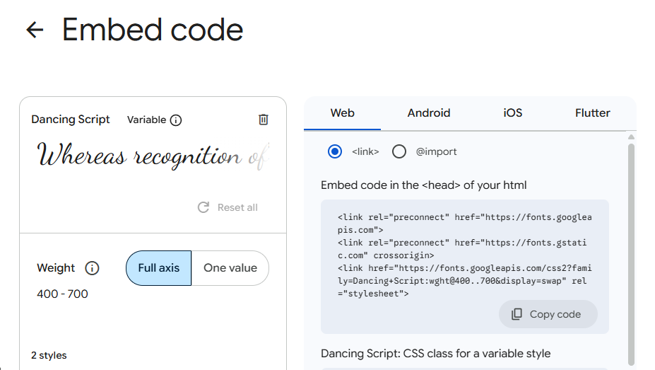 Example of a selected font code panel