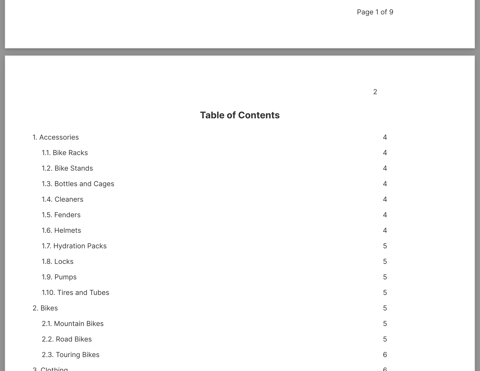 View a table of contents for a report in PDF format