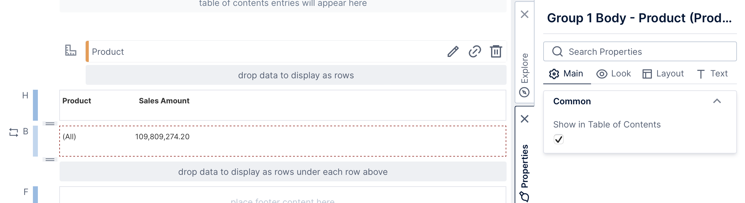 Showing a template area in the table of contents