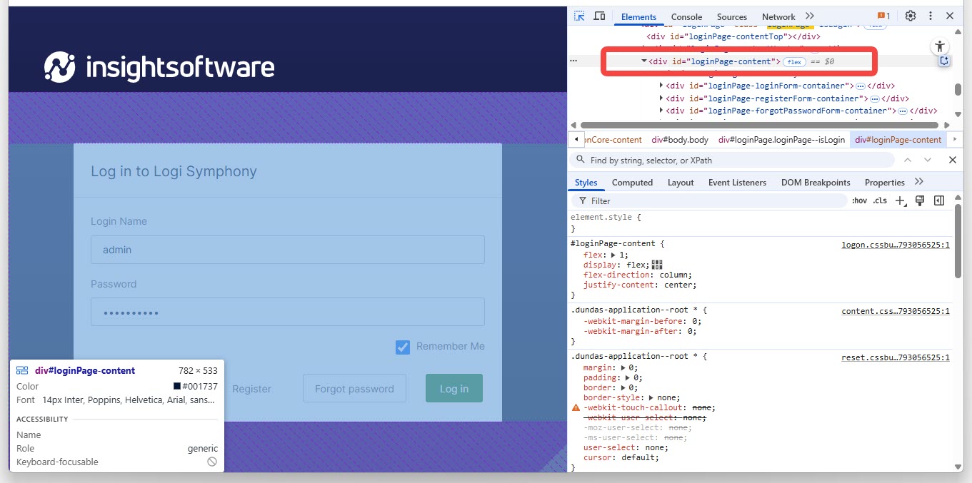 Login page content selected