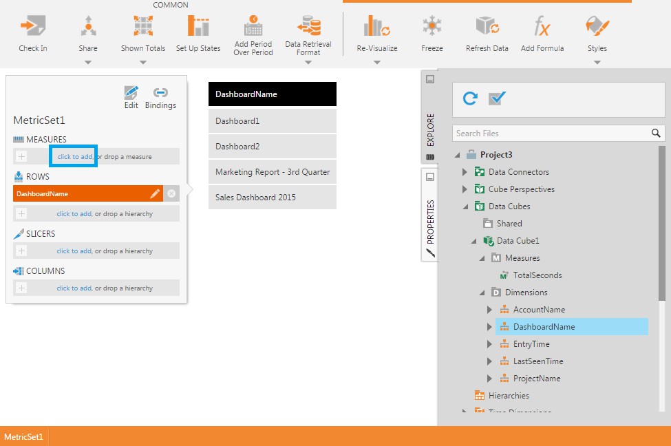 Click to add a measure to the metric set