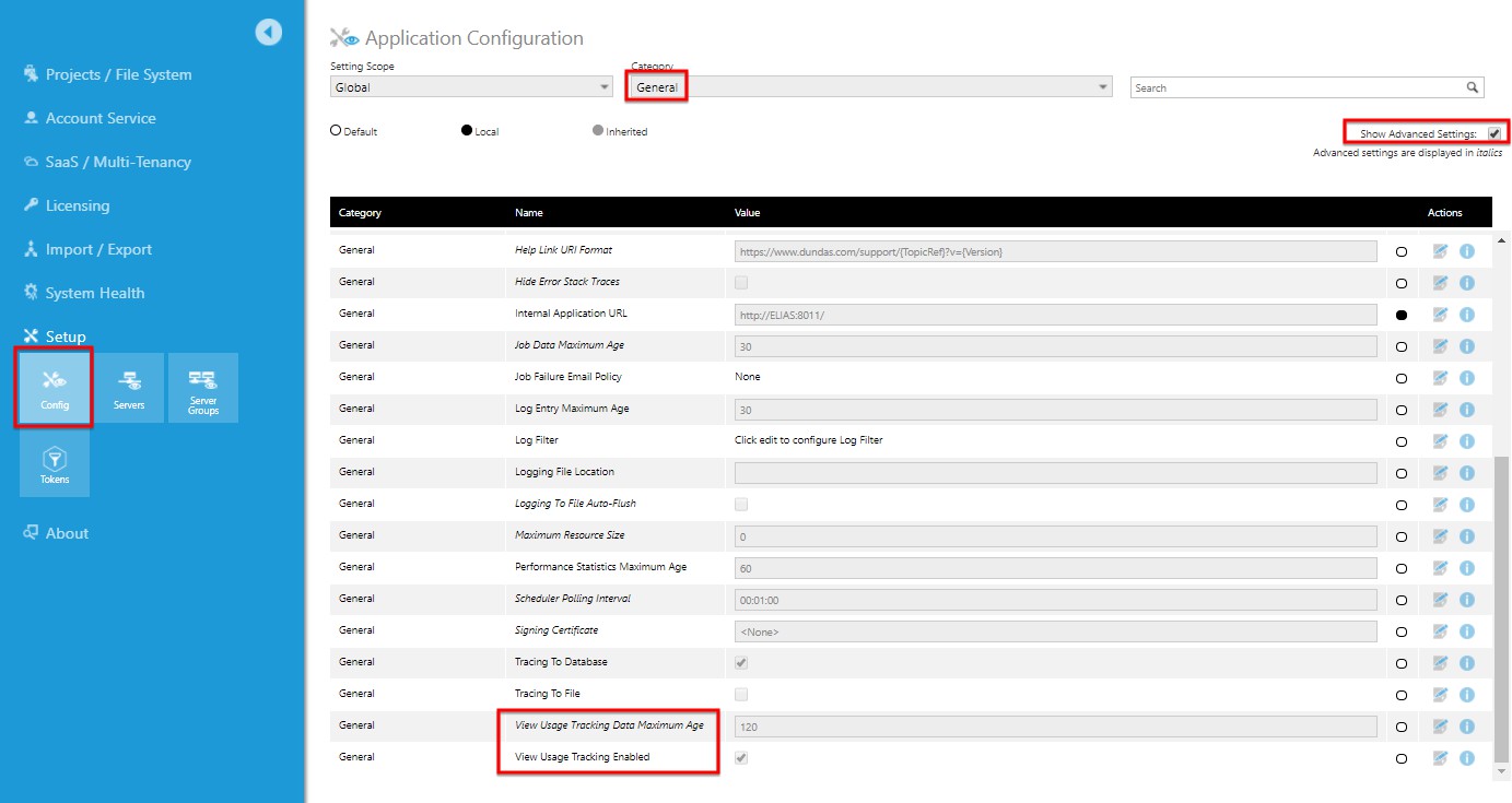 View usage configuration settings