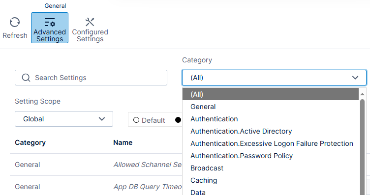 Filter settings by category or search for settings