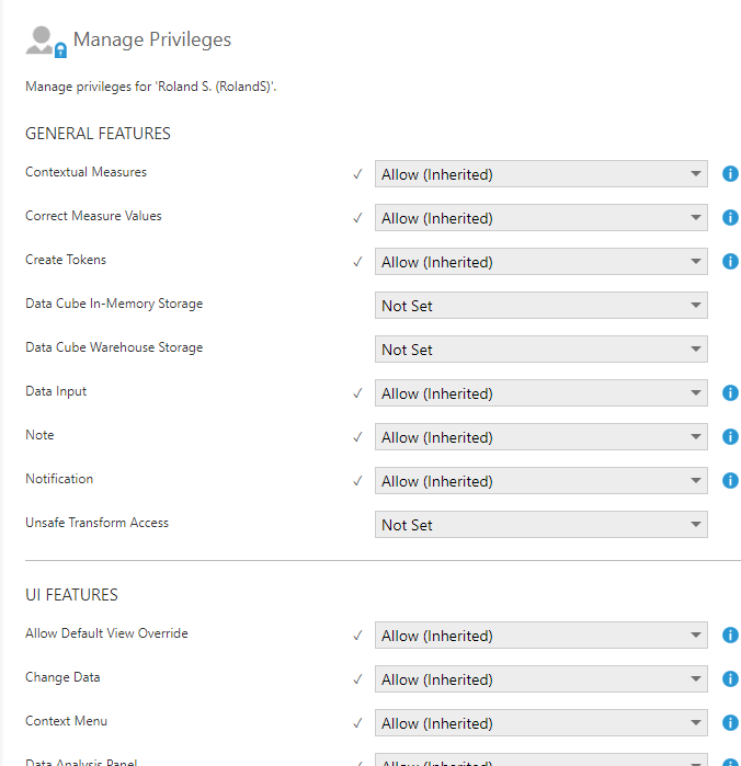 The Manage Privileges dialog for an account