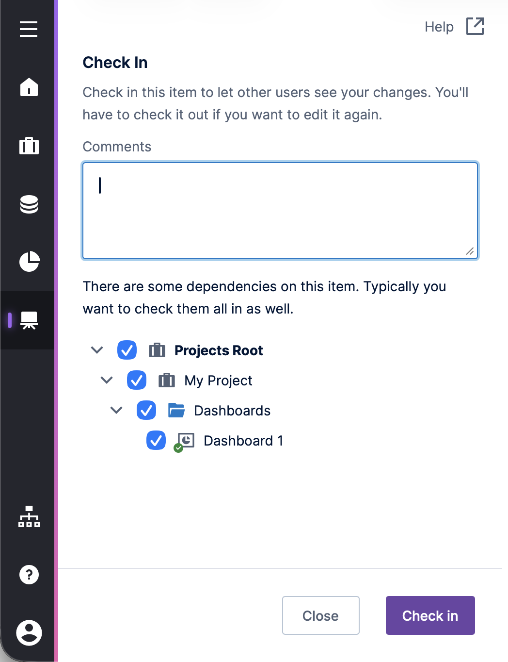 Check In dialog