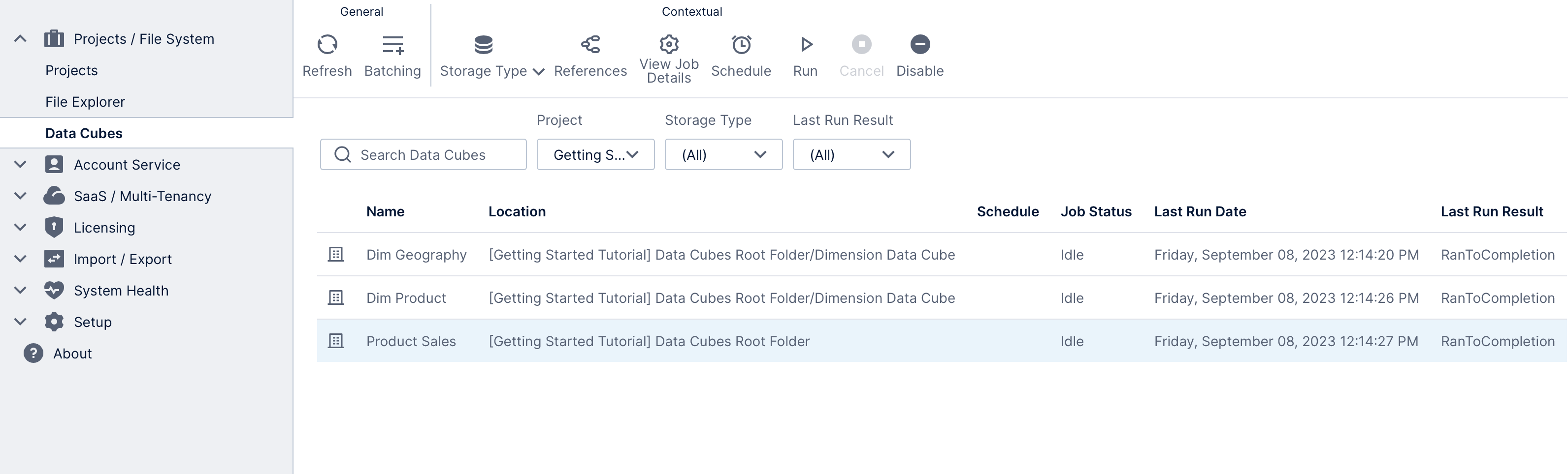 Data Cubes screen