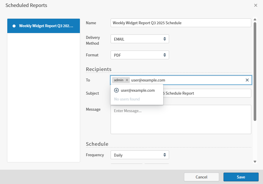 Use this work area to schedule dashboard reports